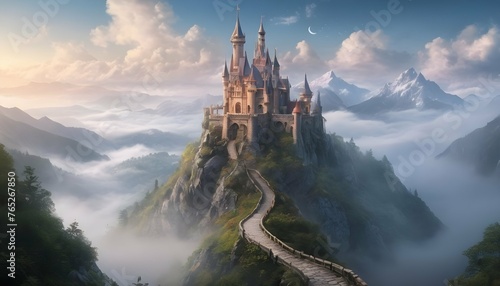 Visualize An Enchanted Castle Atop A Misty Mounta