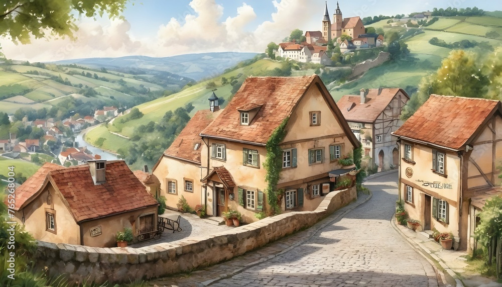 Watercolor Depiction Of A Charming European Villag Upscaled 4
