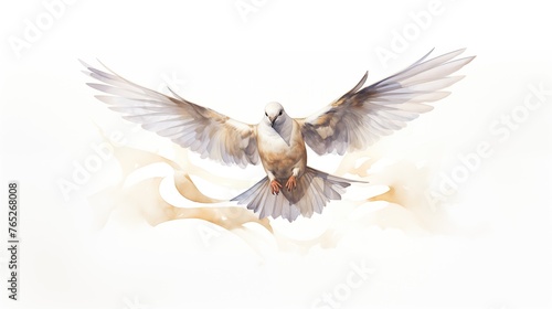 Holy spirit. Dove flying on white background, digital watercolor painting.