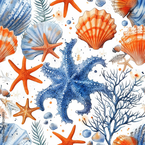 Seamless Marine Life Pattern in Azure Hues Starfish