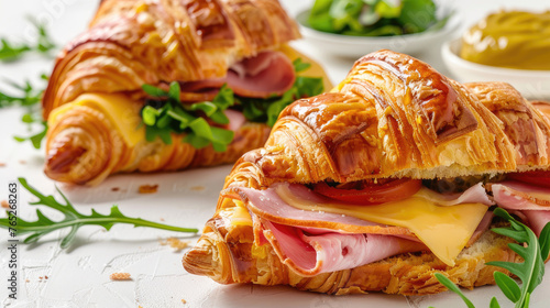 Ham and cheese croissant sandwich with dijon mustard, on a white background © Liliya Trott