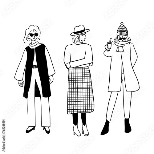 立ちながら考える女性のシンプル線画イラスト