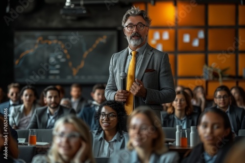 A man in formal wear is giving a public speaking presentation to a large crowd. He is wearing a suit and tie while sharing information with the audience at the event