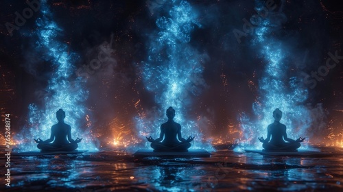 A group of meditating figures bathed in a calming blue light their bodies seemingly connected to the very vibrations of the universe.
