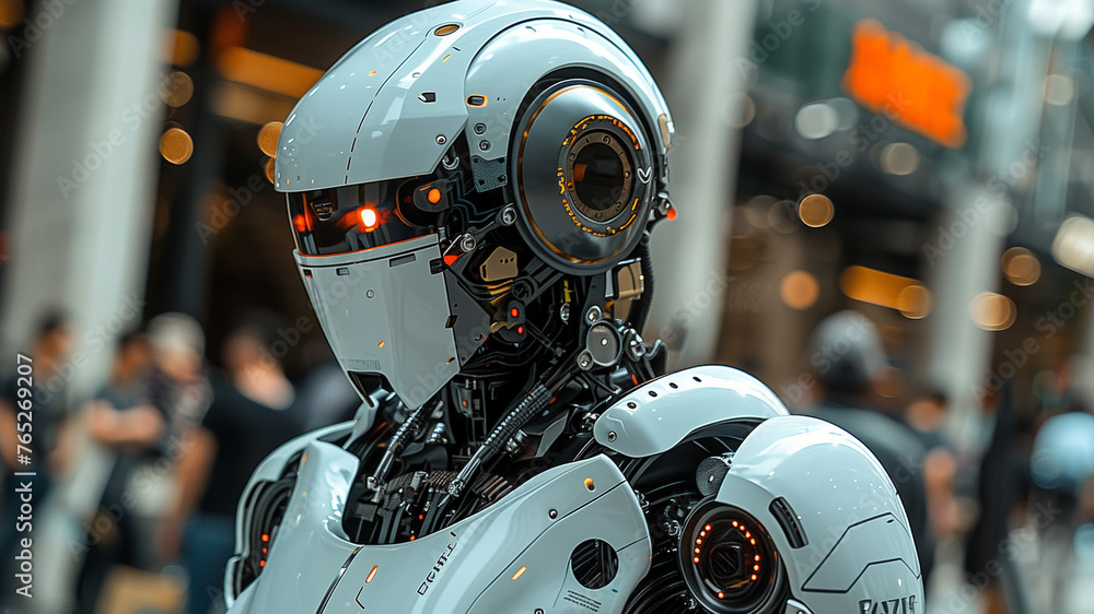 Urban exploration: Futuristic android traverses city streets in innovative visuals. Urban exploration: Futuristic android traverses city streets in innovative visuals.