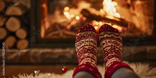 Feet in cozy woolen socks by a fireplace evoking a warm and festive holiday ambiance. Concept Holiday Mood, Cozy Comfort, Warmth and Cheer, Festive Vibes, Fireside Magic