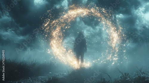 A person levitating off the ground their body surrounded by a halo of stars and galaxies their physical form left behind as they travel through the astral realm.