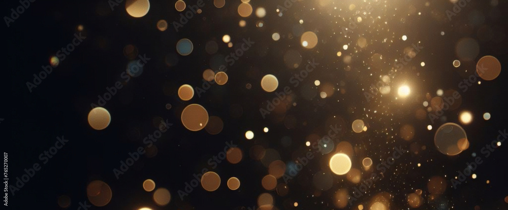 Partículas de brillo dorado fondo abstracto.Bokeh de partículas de brillo de luz dorada de Navidad sobre fondo negro marino. Concepto de vacaciones. Fondo abstracto con partículas de oro.	 - obrazy, fototapety, plakaty 