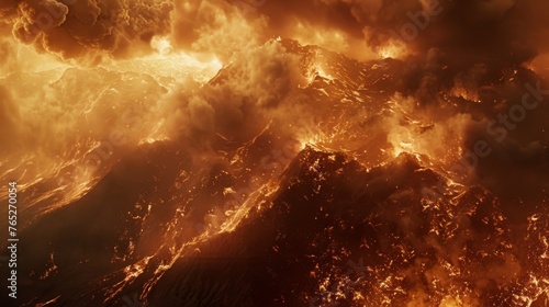 A sweeping view of a mountain range engulfed in flames appearing as though its burning from within.