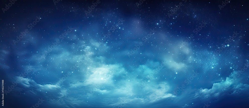 A serene scene with a blue sky featuring shining stars, fluffy white clouds, and a calming blue backdrop
