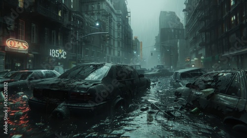 A oncebustling metropolis is transformed into an eerie underwater world dotted with abandoned cars and streetlights still shining through the deluge. photo