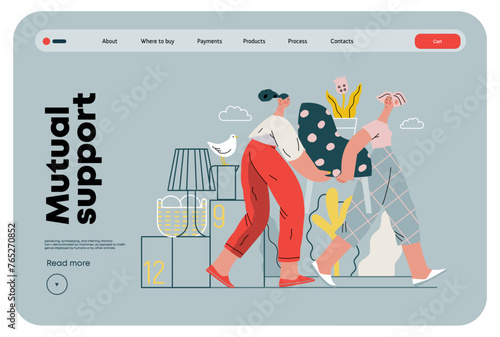 Mutual Support: Assistance with Moving -modern flat vector concept illustration of women collaboratively moving household items A metaphor of voluntary, collaborative exchanges of resource, services