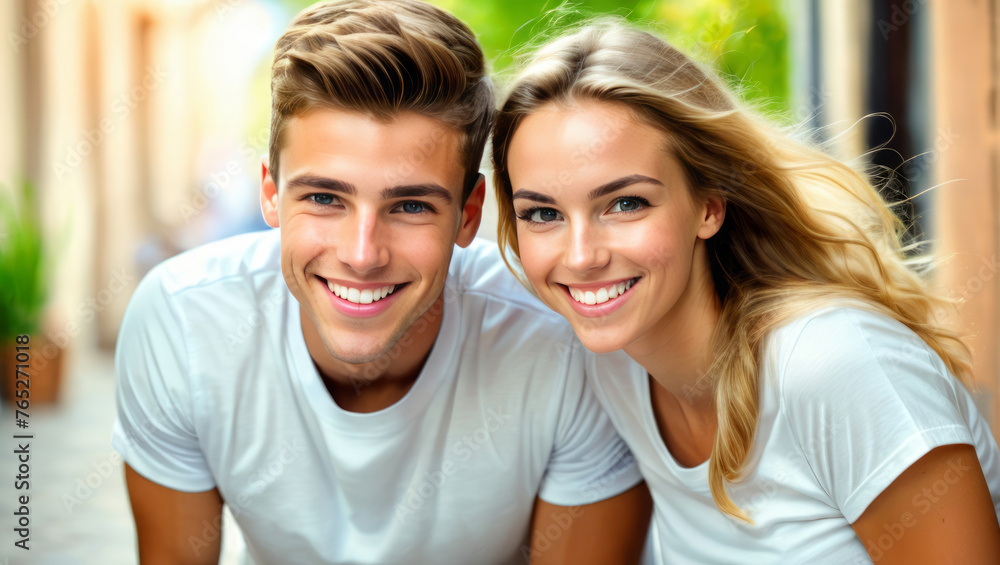 Man and Woman Posing in White T-Shirts Leaning Forward Smiling at Camera Man and Woman Posing in White T-Shirts Leaning Forward Smiling at Camera
