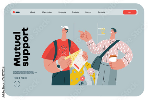Mutual Support: Directing a passerby -modern flat vector concept illustration of man pointing the way to a tourist. A metaphor of voluntary, collaborative exchanges of resource, services