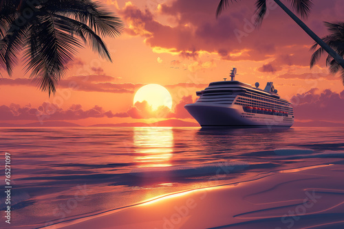 Luxury cruise ship sailing on the sea at summer sunset