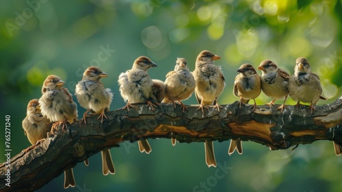 A group of birds perched on a dead tree branch their feathers matted and dull. The loss of their natural habitat due to acid rain has forced these species to adapt in order