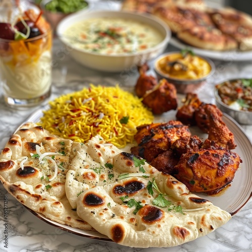 in a plat chees naan, barbecu chicken, on a table with marble finished, putt also an other pla of biryani, with dattes, glassof mango lassi, glasse of ruh hafza its a pakistani drink photo