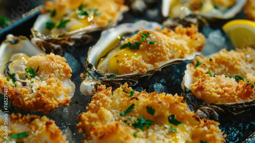 A pan filled with fresh oysters covered in a generous layer of grated Parmesan cheese, ready to be baked to golden perfection.