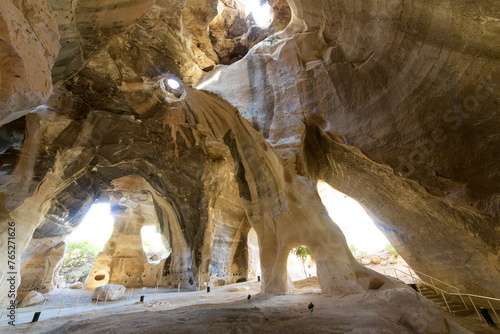 A large chalk rock Bell Cave at Beit Guvrin National Park in the Judean lowlands, once part of the ancient city of Maresha, Israel, in Beit Guvrin Israel. photo