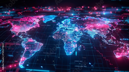 A colorful map of the world depicted in neon hues  showcasing all continents and major cities.