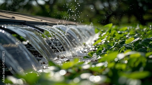 A closeup of a solarpowered irrigation pump quietly purring as it delivers water to nourish an expansive plantation. . AI generation.