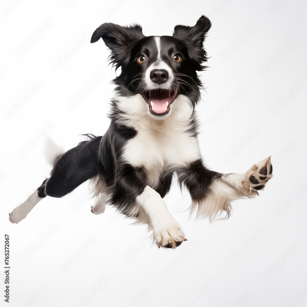 Joyful dog leaping in the air, full of happiness and energy, with a wide smile and ears flapping, isolated on a white background