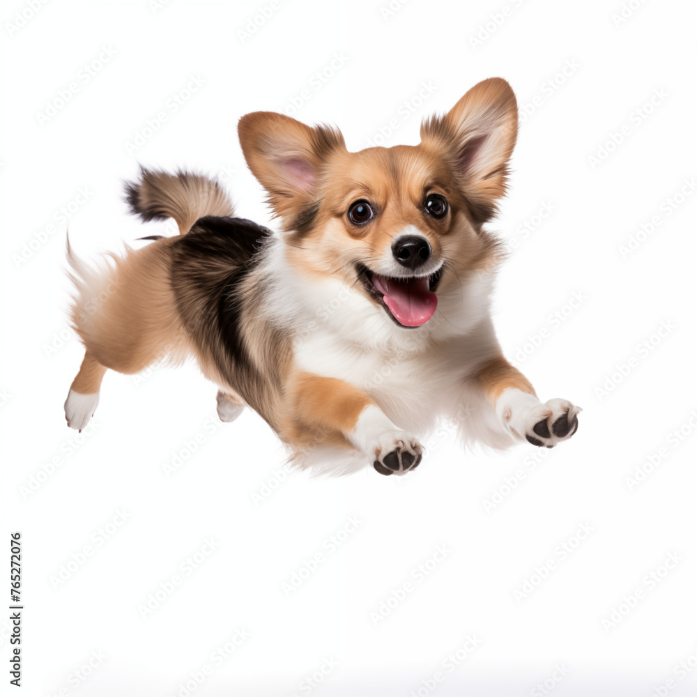 Happy dog in mid-jump, exuding excitement and playfulness, with a beaming smile and dynamic posture, isolated against a white background