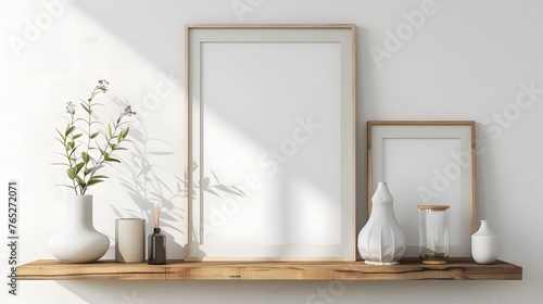 Wood floating shelf with frames and vases on white wall. Storage organization for home. Interior design of modern living room. © Ziyan
