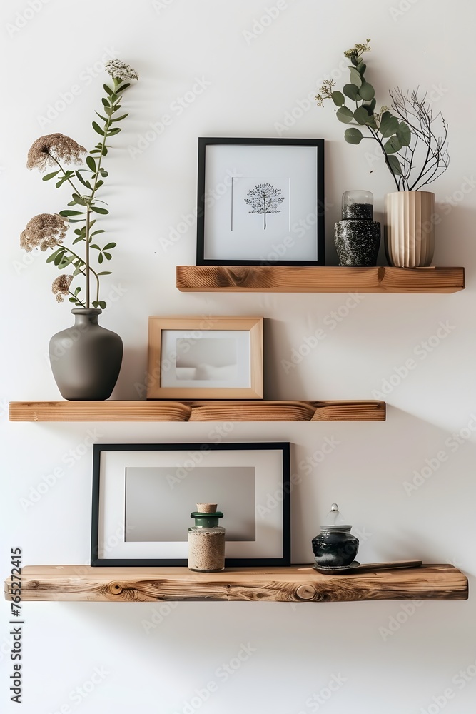 Wood floating shelf with frames and vases on white wall. Storage organization for home. Interior design of modern living room.