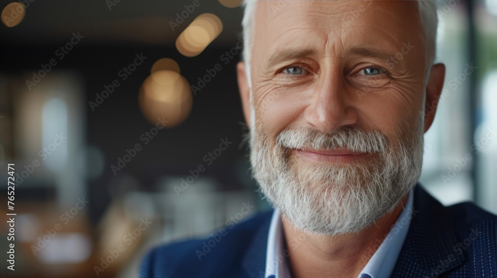 Obraz premium A man with a beard and a blue suit is smiling