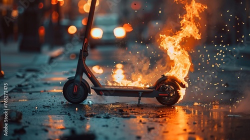 A scooter is on fire in the middle of a street