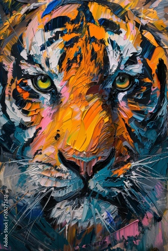 Abstract artwork of a vibrant lion painted with a brush on a canvas in an oil acrylic technique. © tonstock