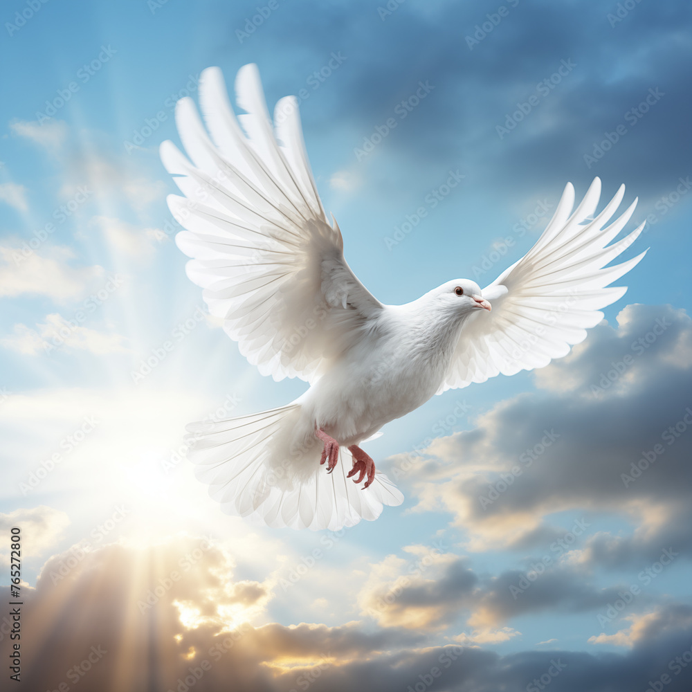 White dove of peace flying loftily in a sky illuminated by sunlight, clouds below, epitomizing hope, purity, and spiritual journey. White dove of peace flying loftily in a sky illuminated by sunlight, clouds below, epitomizing hope, purity, and spiritual journey.