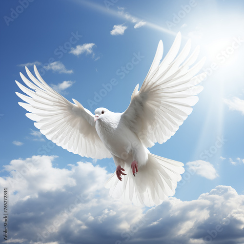 White dove of peace flying loftily in a sky illuminated by sunlight  clouds below  epitomizing hope  purity  and spiritual journey.