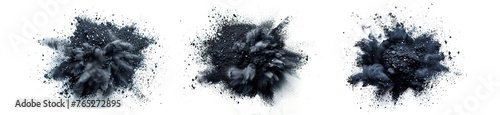 Charcoal powder explosion, realistic bamboo coal or carbon powder splash of piece particles, transparent png background. Black charcoal explosion in macro closeup of floating coals with dust cloud photo