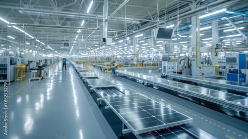 A wideangle shot of a factory floor with large machines and conveyer belts working tirelessly to produce and package solar panels. . AI generation.
