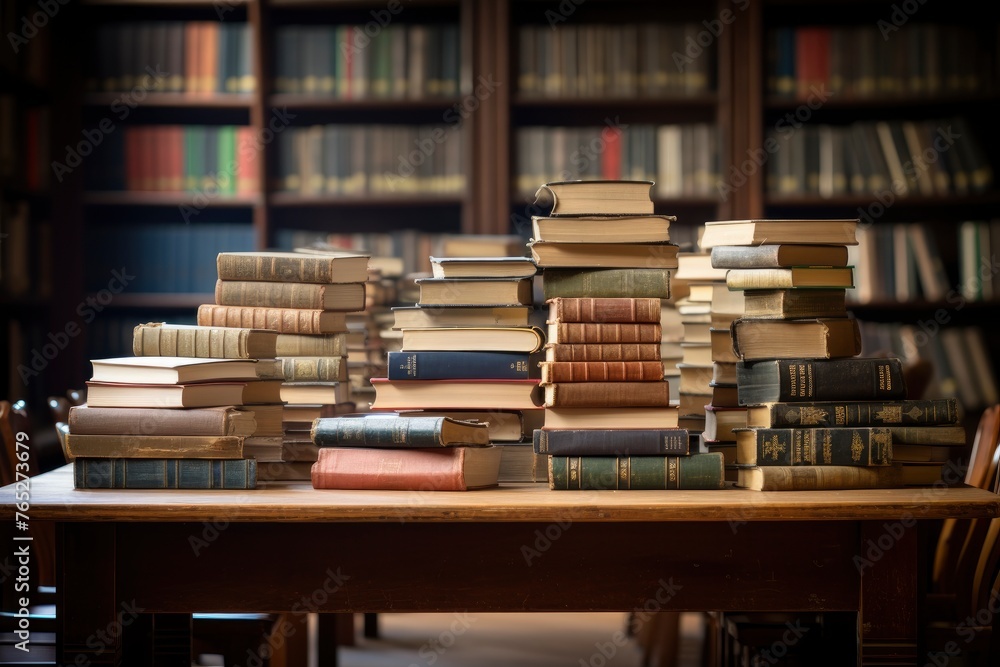 Old book in library with open textbook, stack piles of literature text archive on reading desk, in school study class room background for academic education learning concept - generative ai Old book in library with open textbook, stack piles of literature text archive on reading desk, in school study class room background for academic education learning concept - generative ai