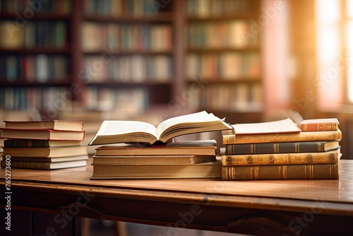 Old book in library with open textbook, stack piles of literature text archive on reading desk, in school study class room background for academic education learning concept - generative ai photo