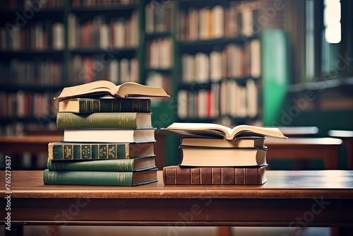 Old book in library with open textbook, stack piles of literature text archive on reading desk, in school study class room background for academic education learning concept - generative ai