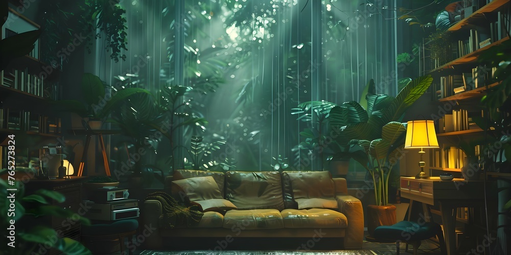 A cozy lofi living room virtual background with jungle rain perfect for