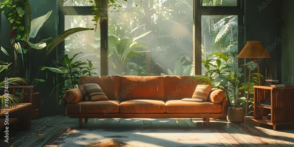 A cozy lofi living room virtual background with jungle rain ideal for