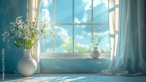 white gauze curtains, white countertops, light blue sky outside the window. AI generative