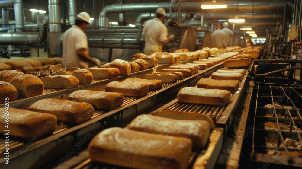 A factory filled with rows of freshly baked loafs of bread ready for distribution.
