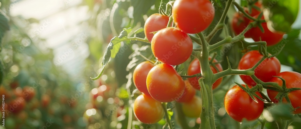 A Cluster of red ripe tomatoes on the vine in a lush greenhouse environment