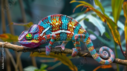 A brightly colored chameleon on a branch in a vibrant forest setting