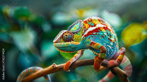 A brightly colored chameleon on a branch in a vibrant forest setting