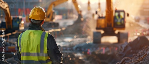 A construction supervisor in reflective gear stands overlooking a busy worksite with heavy machinery in operation