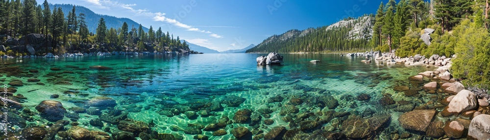 A panoramic view of the crystal clear and tranquil waters of Lake Tahoe surrounded by forested mountains.