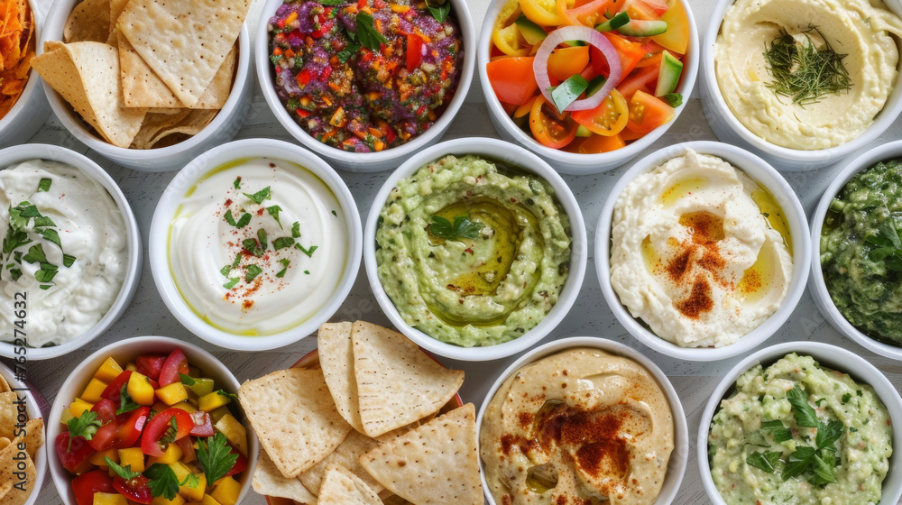 A large selection of dips and spreads such as hummus guacamole and spinach dip served with an array of chips and crackers.