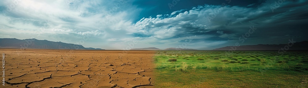 A stark contrast between a barren desert and vibrant green grass A stark contrast between a barren desert and vibrant green grass